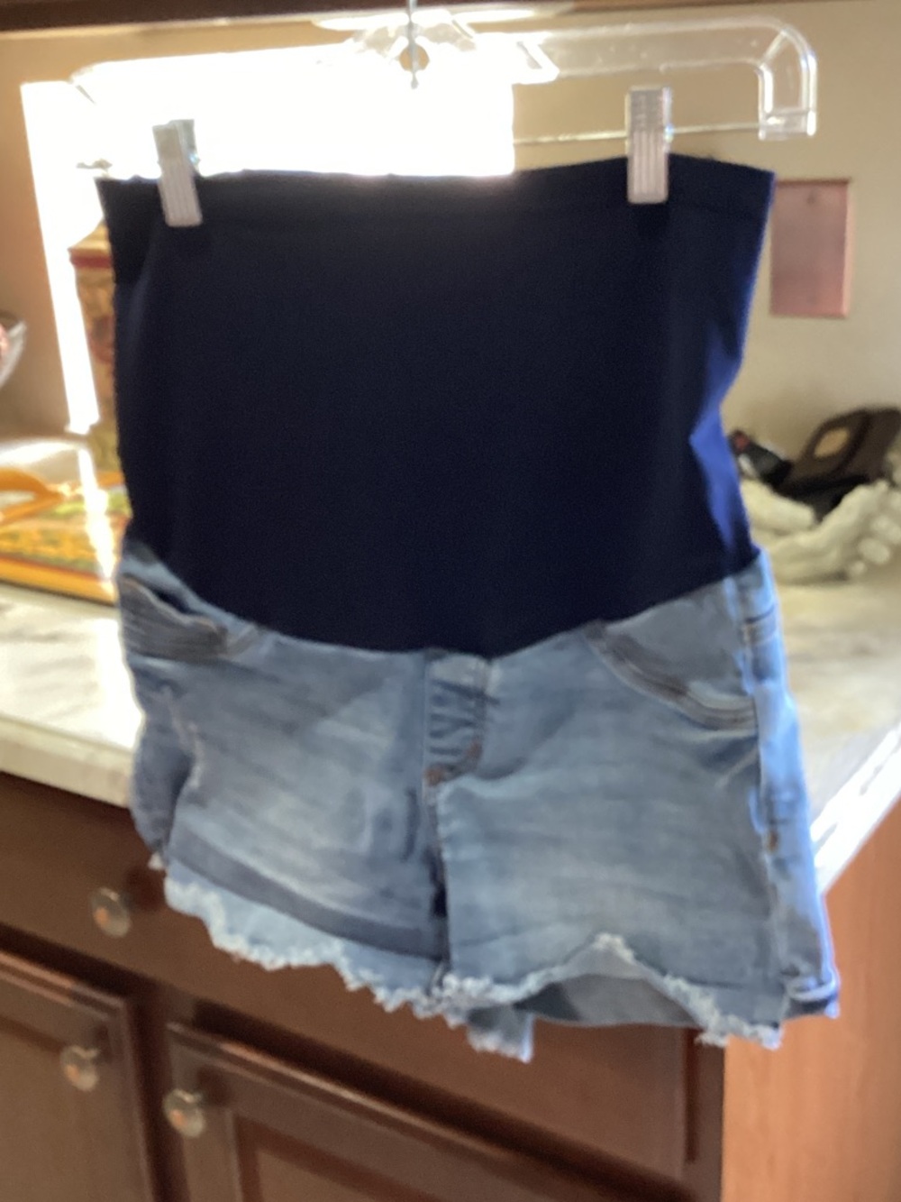 High Waist Maternity Denim Shorts with Navy Stretch Panel